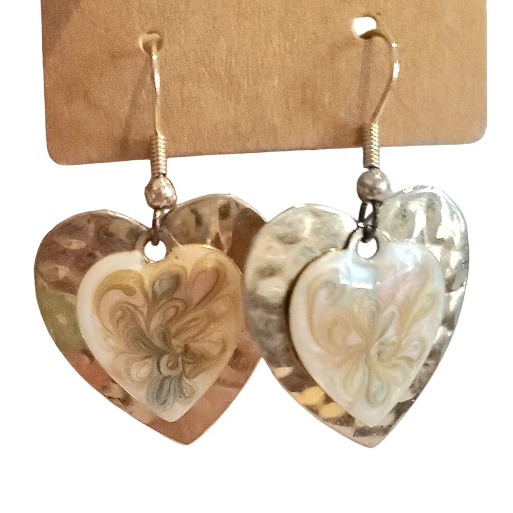 Vintage Colorful Swirl Dangle Heart Resin Hammered Gold Tone Earrings